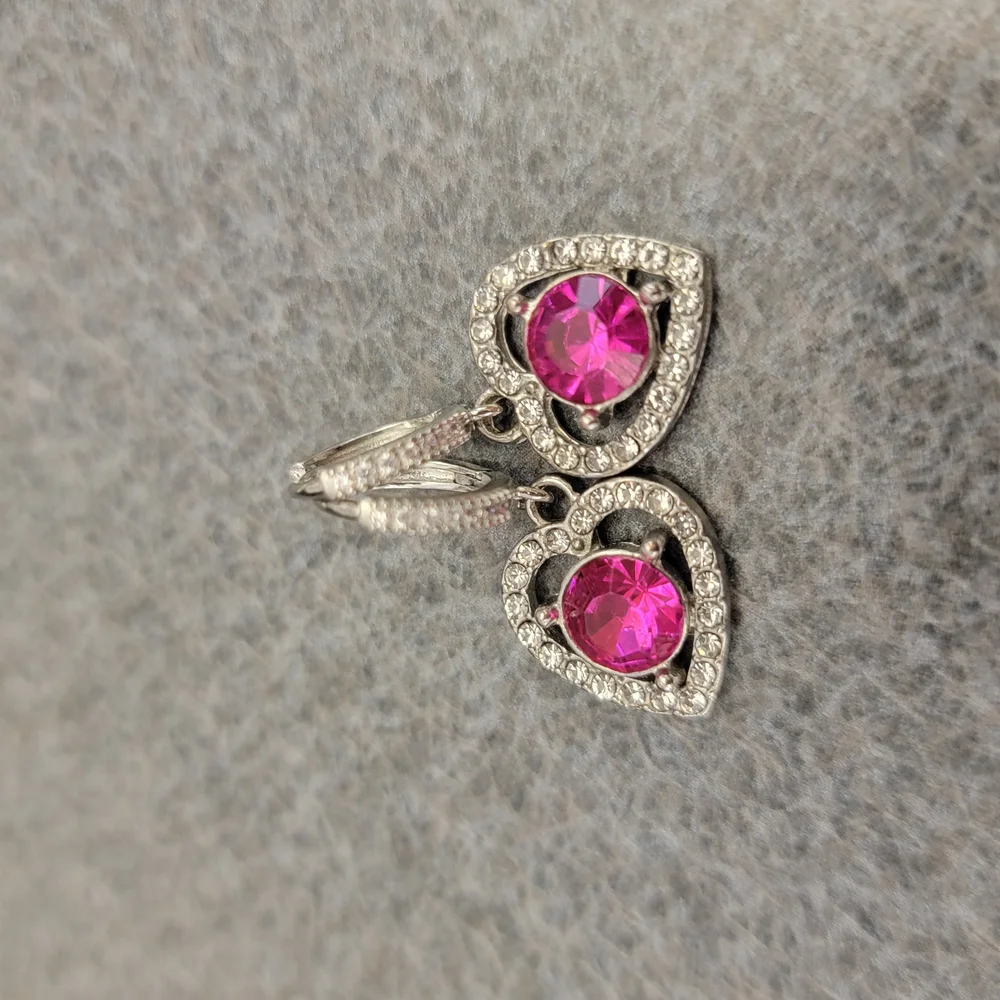 Heart-Shaped Pink and Silver Gemstone Earrings - Picture 2 of 2
